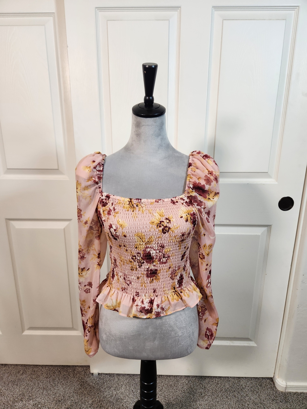 Express Pink Floral Smocked Square-Neck Peplum Blouse